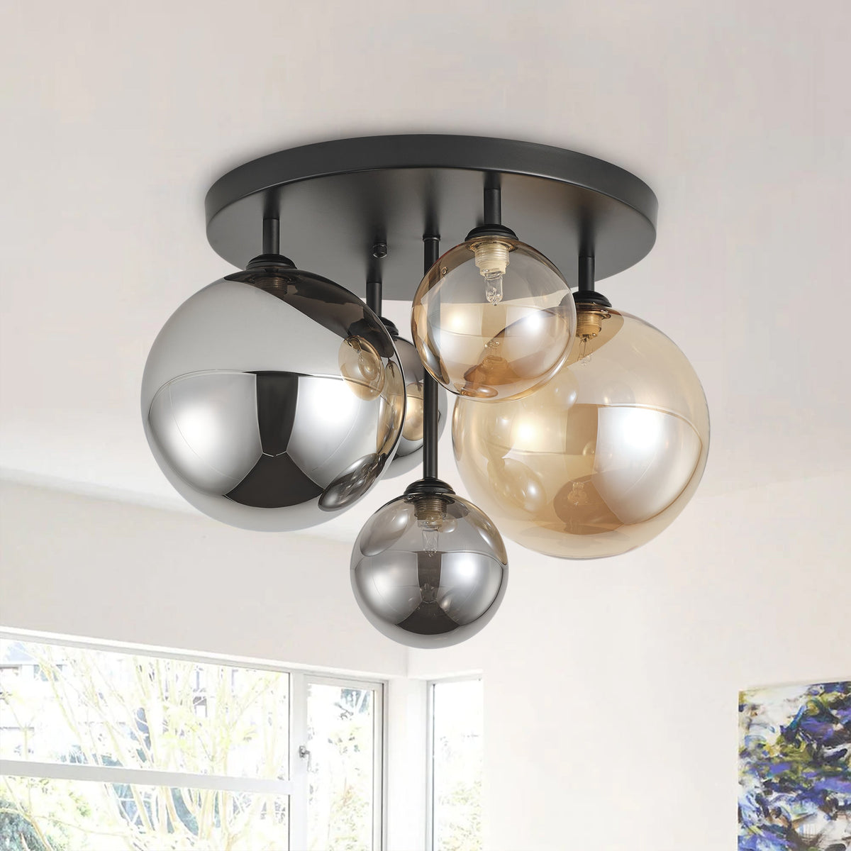 5-Lights Spherical Glass Shades of Various Sizes Flush Mount Lighting – alternative view 6