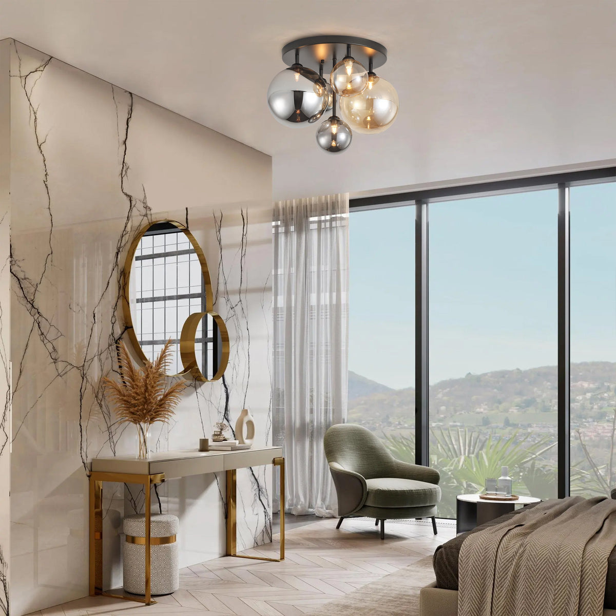 5-Lights Spherical Glass Shades of Various Sizes Flush Mount Lighting – alternative view 3