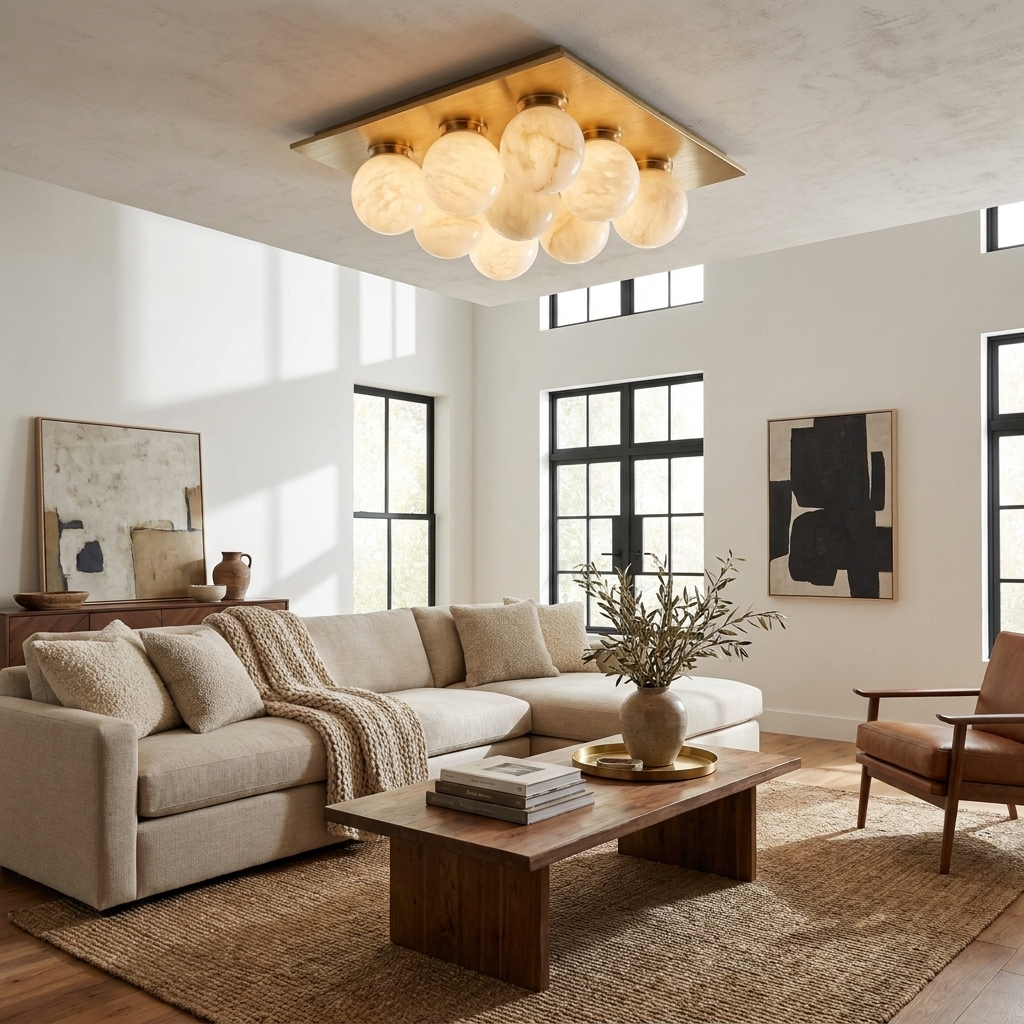 Rounded Alabaster and Brass Flush Ceiling Light, alternative view 3
