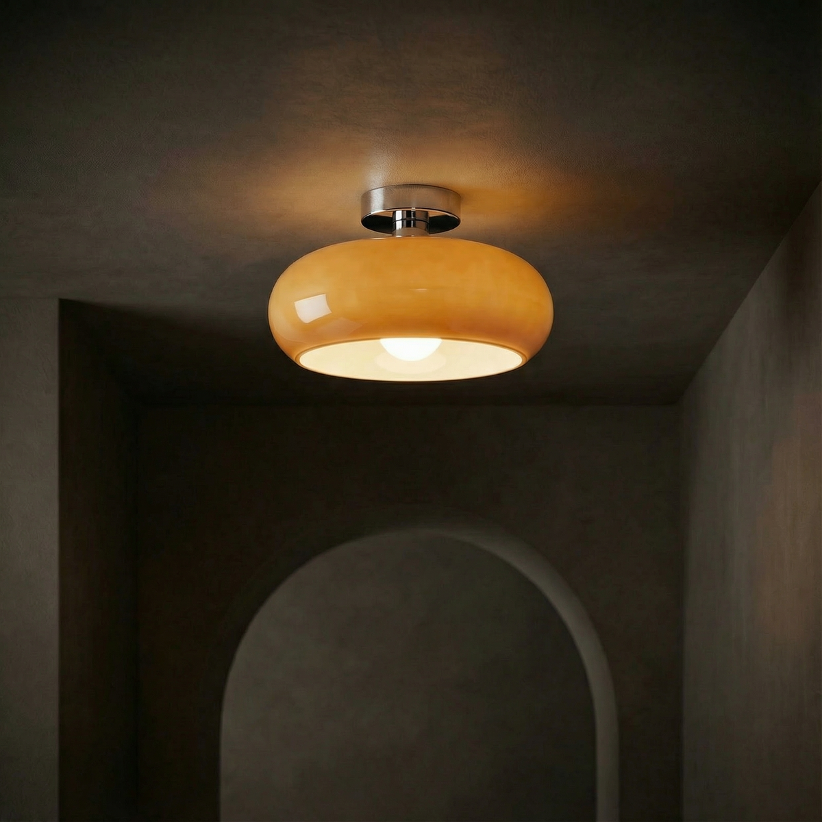 Vintage Amber Glass Flush Mount Ceiling Light With Brass Canopy – alternative view 3