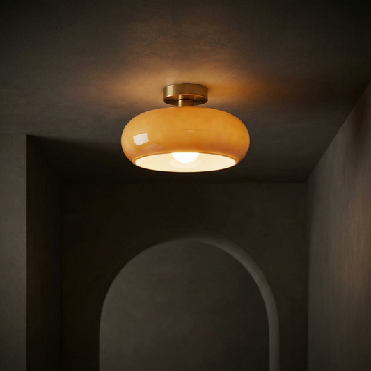 Vintage Amber Glass Flush Mount Ceiling Light With Brass Canopy – Everden Living
