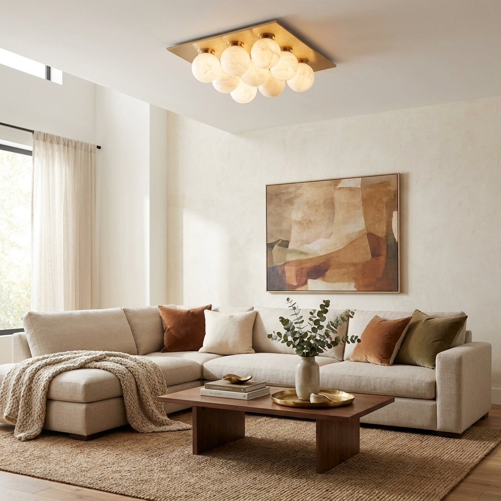 Rounded Alabaster and Brass Flush Ceiling Light, alternative view 2