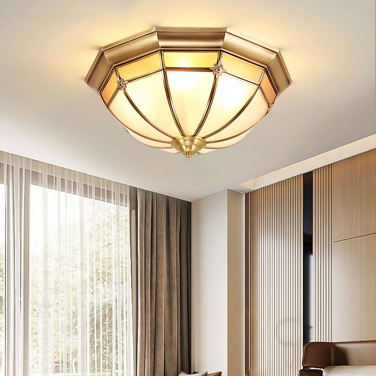 Modern Brass Dome and Glass Flush Ceiling Light, alternative view 6