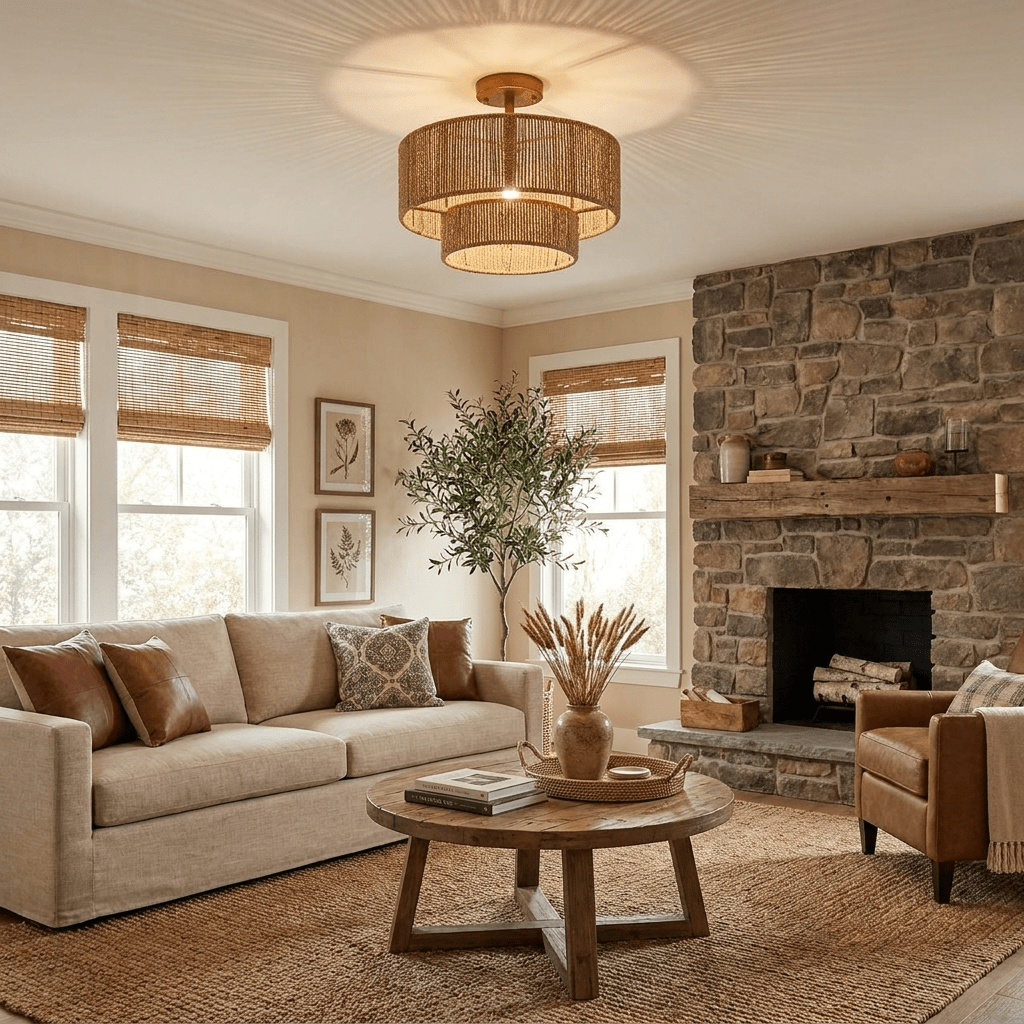 Two-Tier Jute Semi-Flush Ceiling Light, alternative view 2