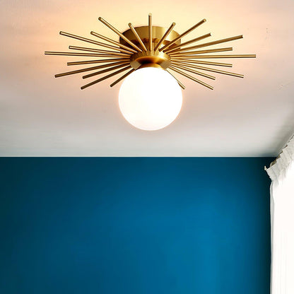 Brass and Opal Glass Globe Ceiling Light, alternative view 8