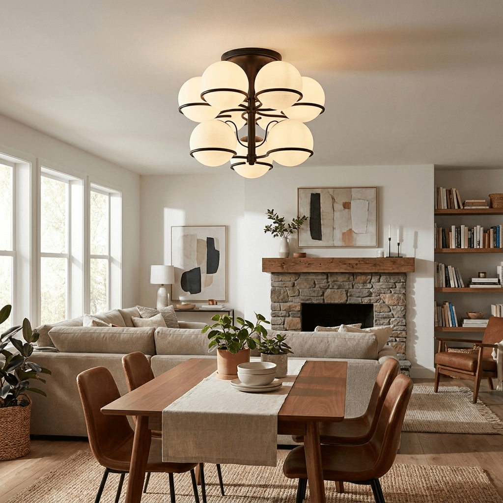 Opal Glass Globe Semi-Flush Ceiling Light, alternative view 2