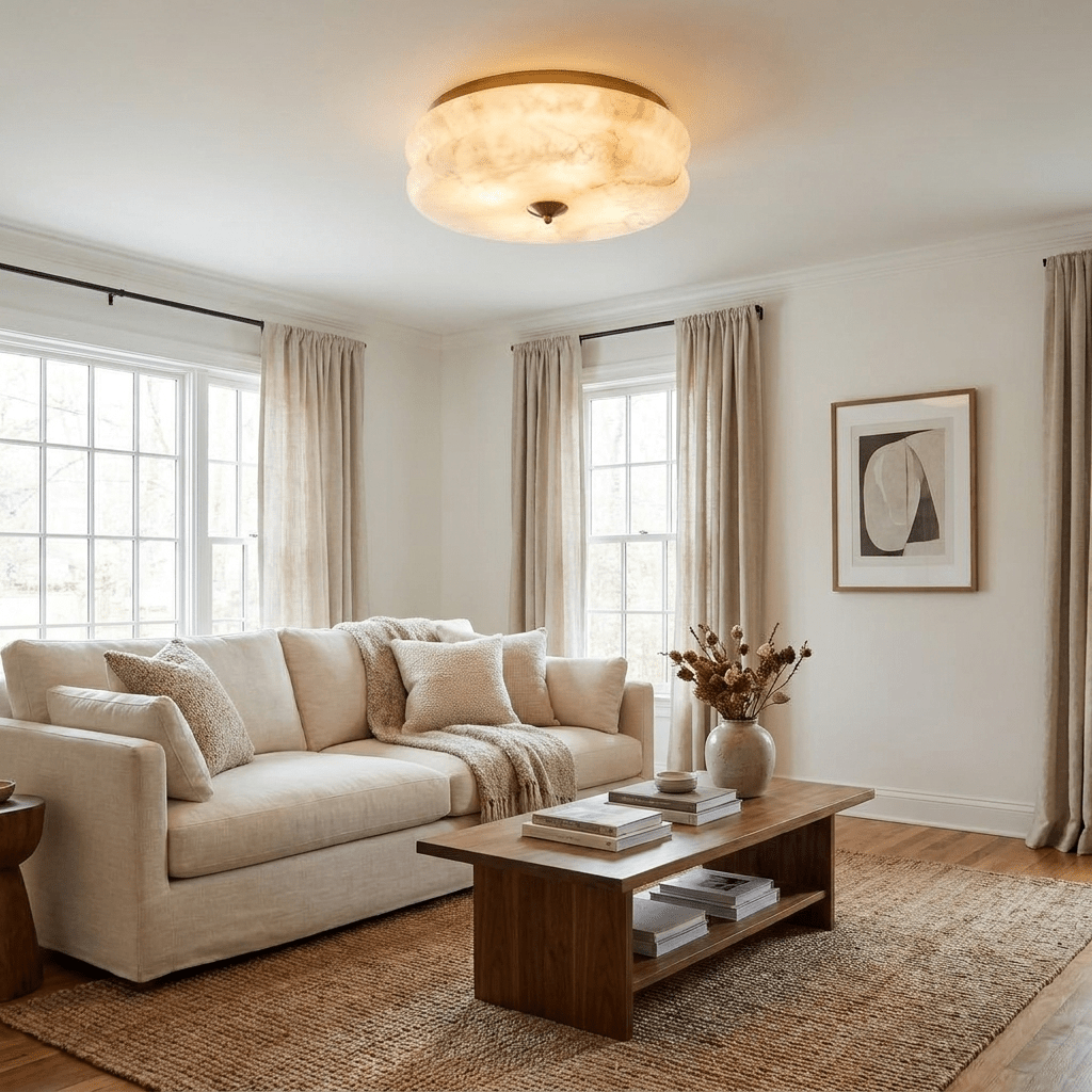 Alabaster and Brass Flush Ceiling Light, alternative view 2