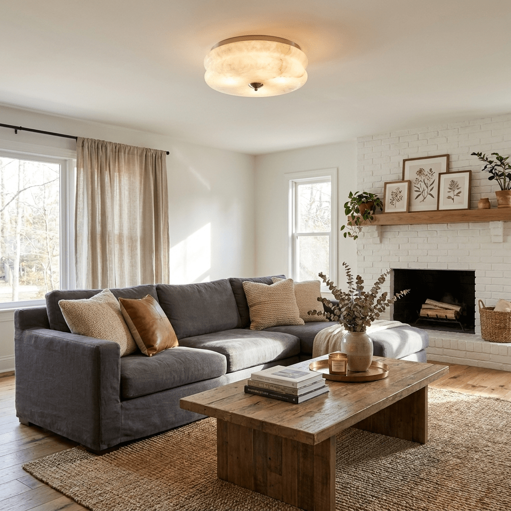 Alabaster and Brass Flush Ceiling Light, alternative view 3