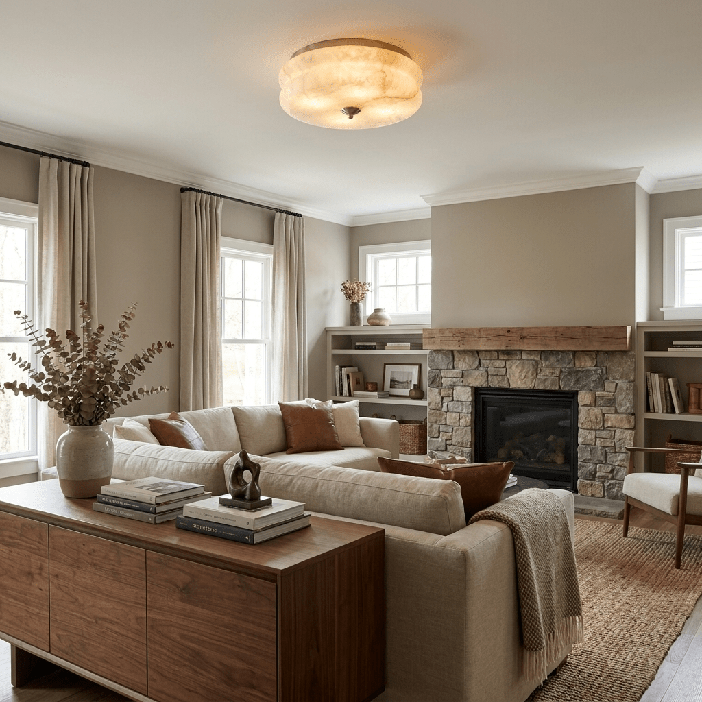 Alabaster and Brass Flush Ceiling Light, alternative view 7