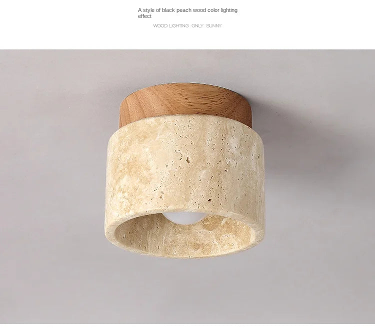 Travertine and Wood Cylinder Ceiling Light