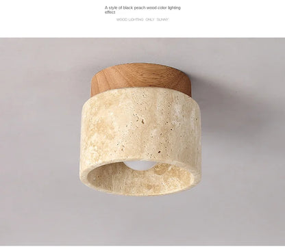 Travertine and Wood Cylinder Ceiling Light