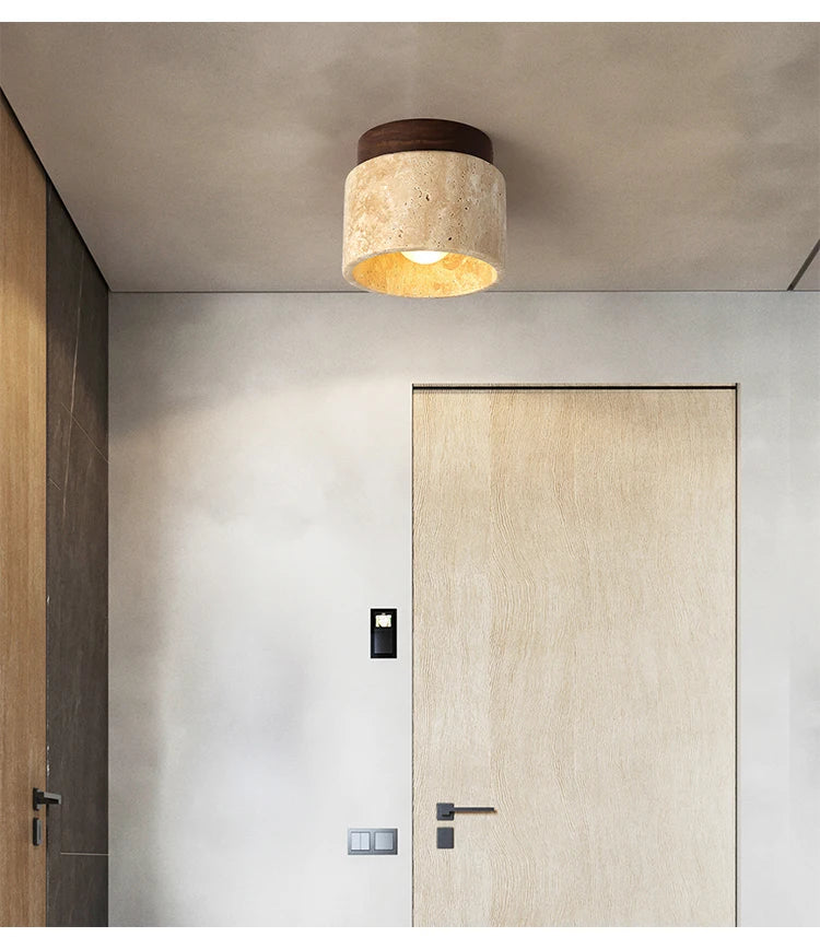 Travertine and Wood Cylinder Ceiling Light