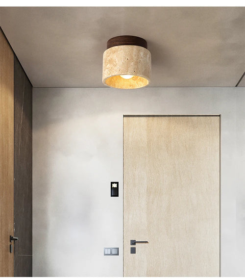 Travertine and Wood Cylinder Ceiling Light