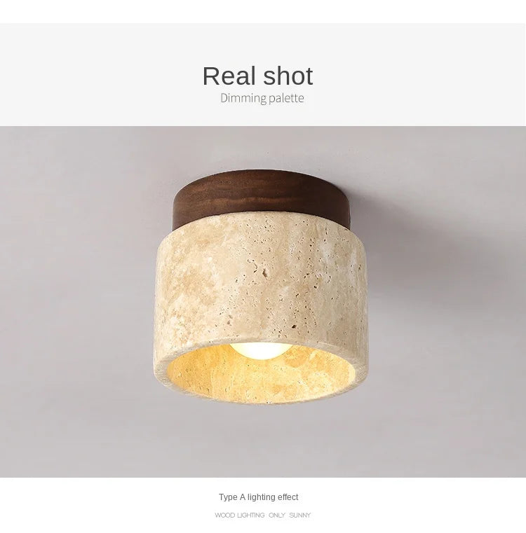 Travertine and Wood Cylinder Ceiling Light