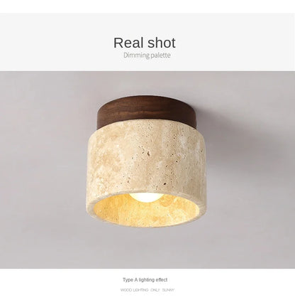 Travertine and Wood Cylinder Ceiling Light