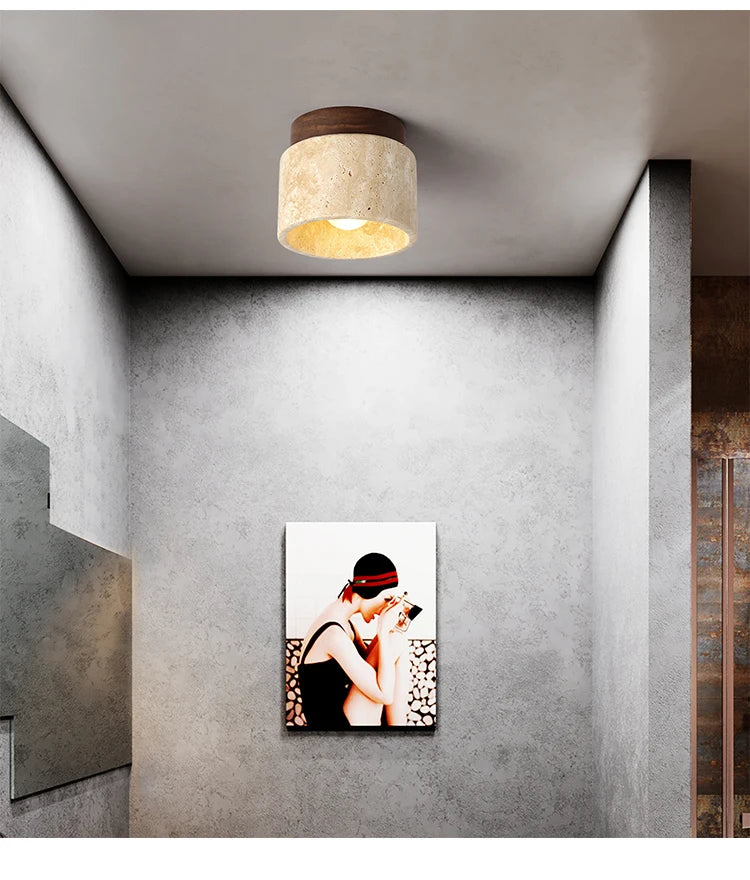 Travertine and Wood Cylinder Ceiling Light
