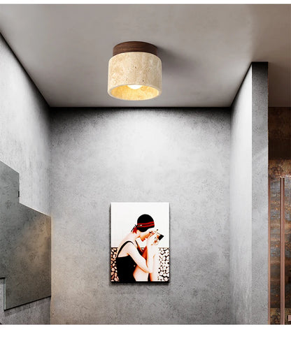Travertine and Wood Cylinder Ceiling Light